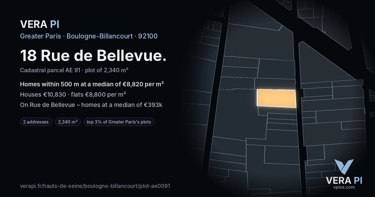18 Rue de Bellevue, Boulogne-Billancourt at night – the plot lit, the parcels around coloured by the prices near them