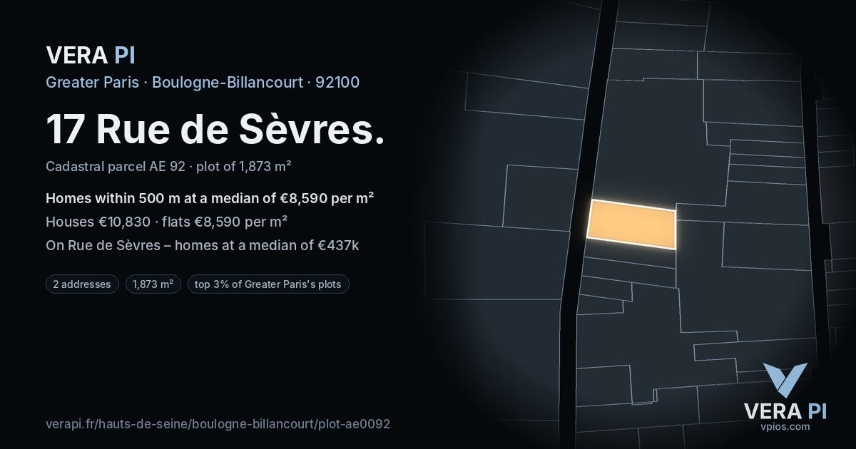 17 Rue de Sèvres, Boulogne-Billancourt at night – the plot lit, the parcels around coloured by the prices near them