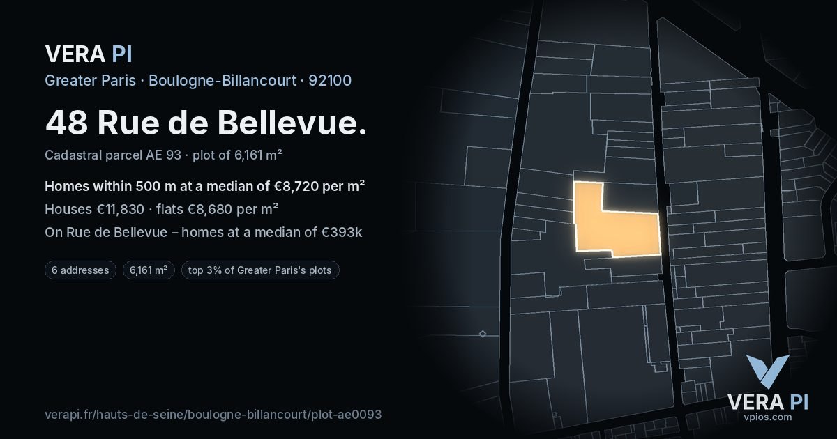 48 Rue de Bellevue, Boulogne-Billancourt at night – the plot lit, the parcels around coloured by the prices near them