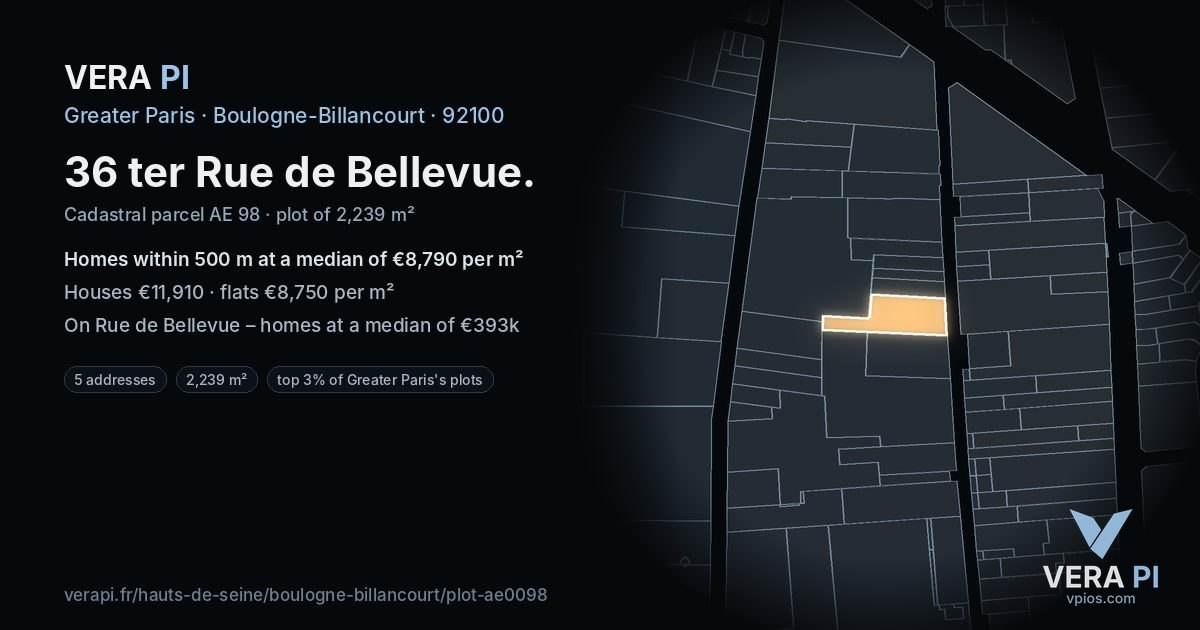 36 ter Rue de Bellevue, Boulogne-Billancourt at night – the plot lit, the parcels around coloured by the prices near them
