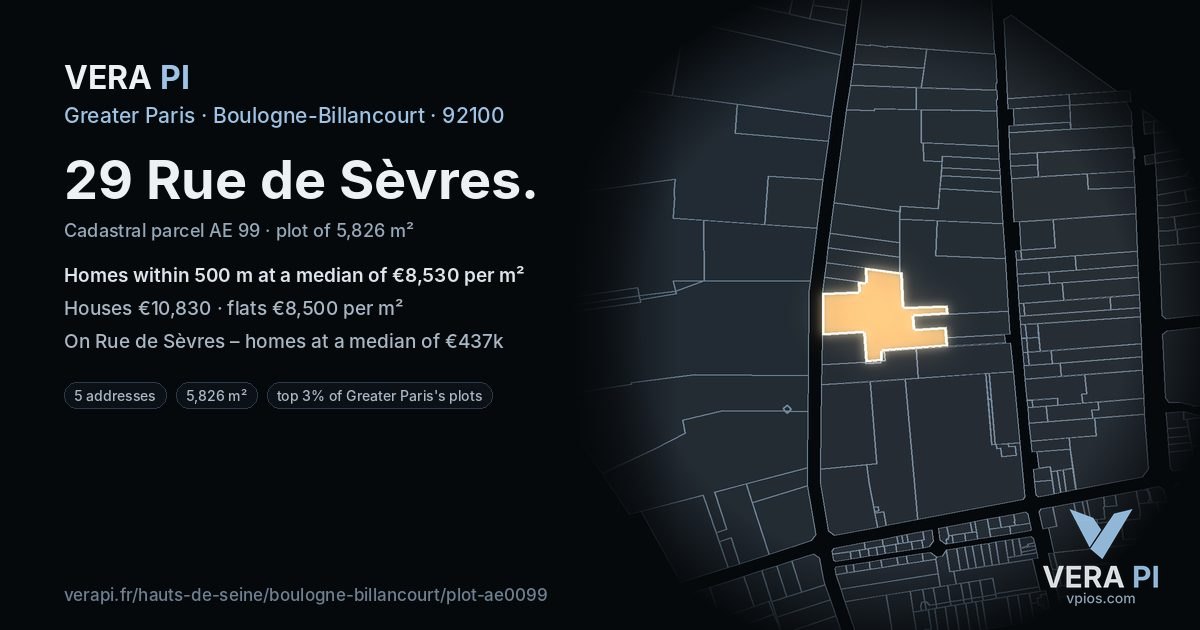 29 Rue de Sèvres, Boulogne-Billancourt at night – the plot lit, the parcels around coloured by the prices near them