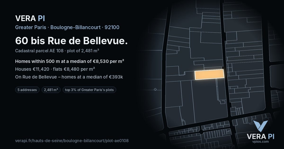 60 bis Rue de Bellevue, Boulogne-Billancourt at night – the plot lit, the parcels around coloured by the prices near them