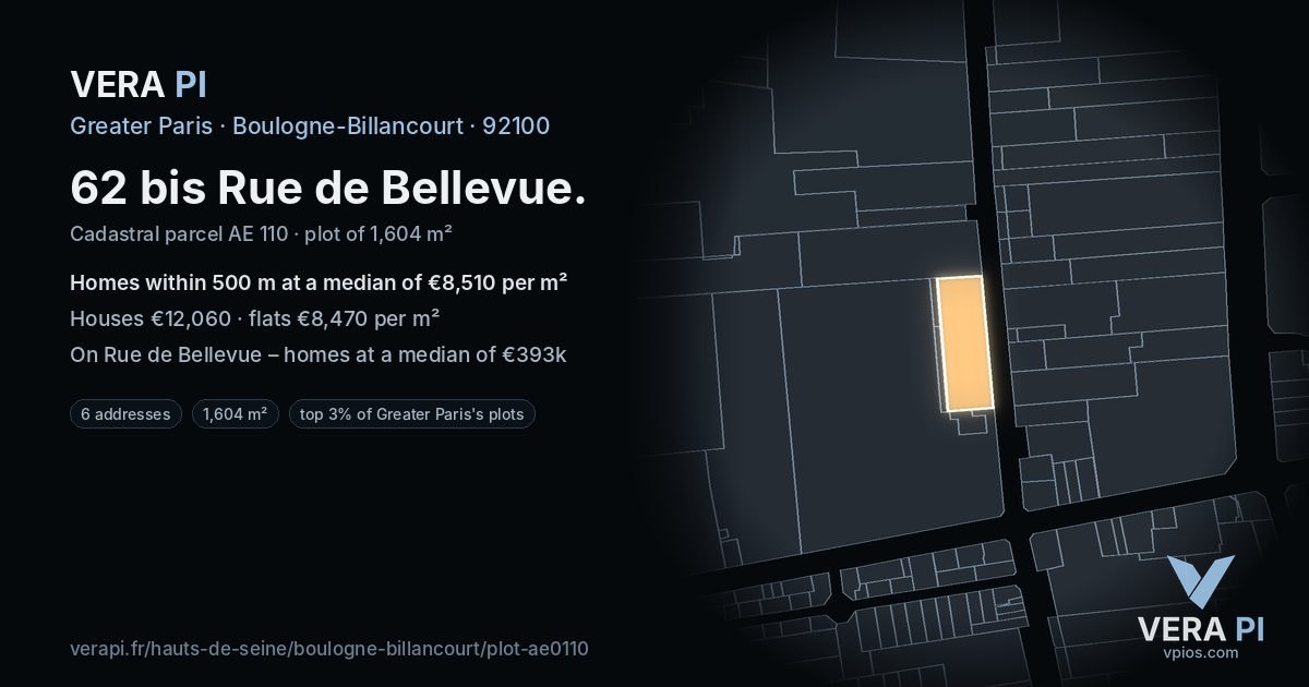 62 bis Rue de Bellevue, Boulogne-Billancourt at night – the plot lit, the parcels around coloured by the prices near them