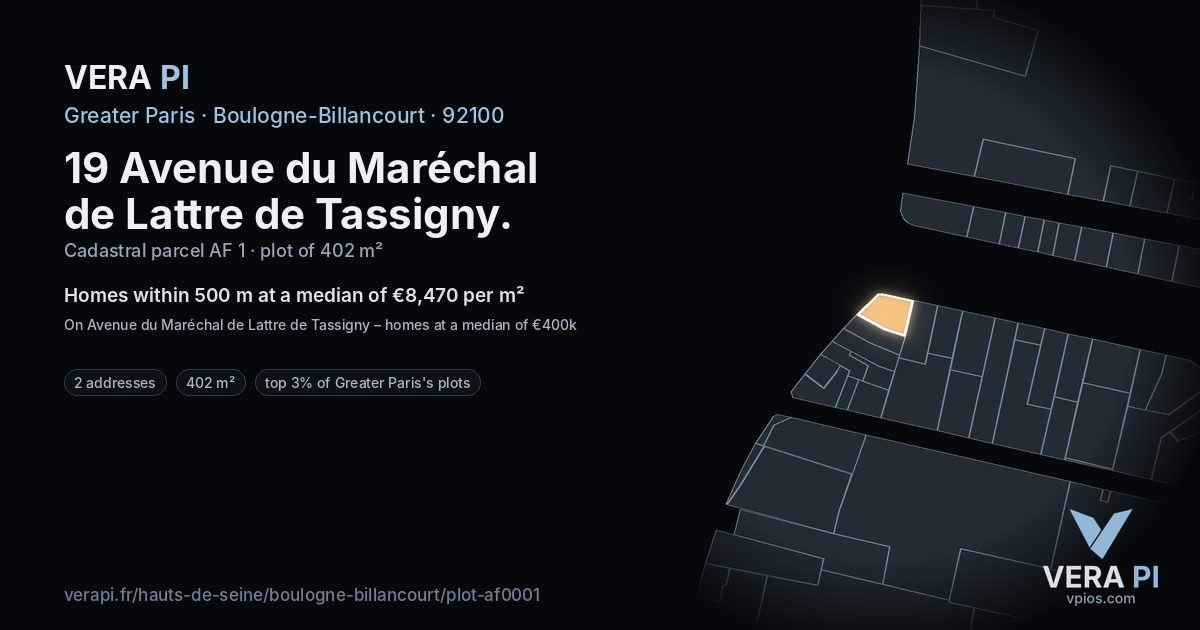 19 Avenue du Maréchal de Lattre de Tassigny, Boulogne-Billancourt at night – the plot lit, the parcels around coloured by the prices near them