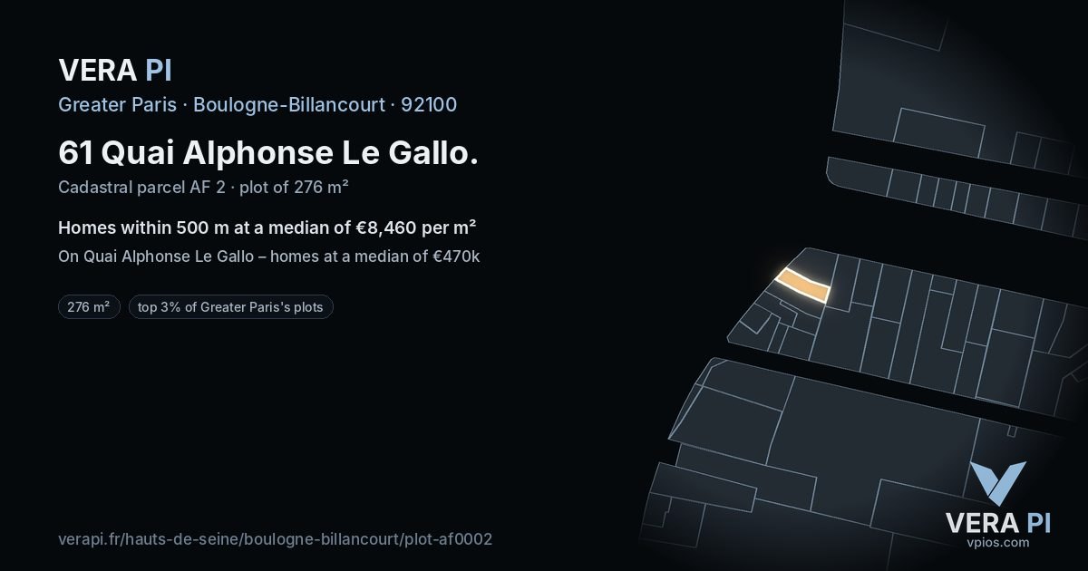 61 Quai Alphonse Le Gallo, Boulogne-Billancourt at night – the plot lit, the parcels around coloured by the prices near them