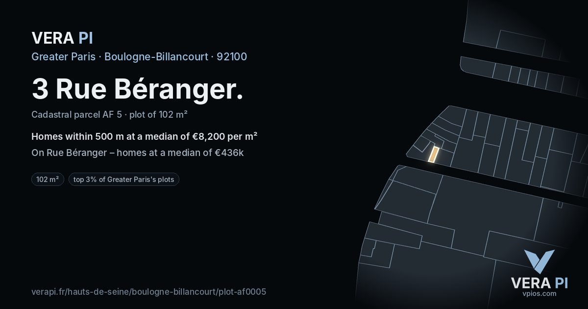 3 Rue Béranger, Boulogne-Billancourt at night – the plot lit, the parcels around coloured by the prices near them