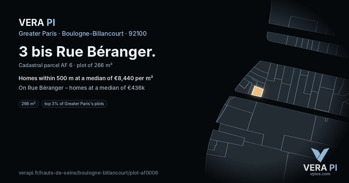 3 bis Rue Béranger, Boulogne-Billancourt at night – the plot lit, the parcels around coloured by the prices near them