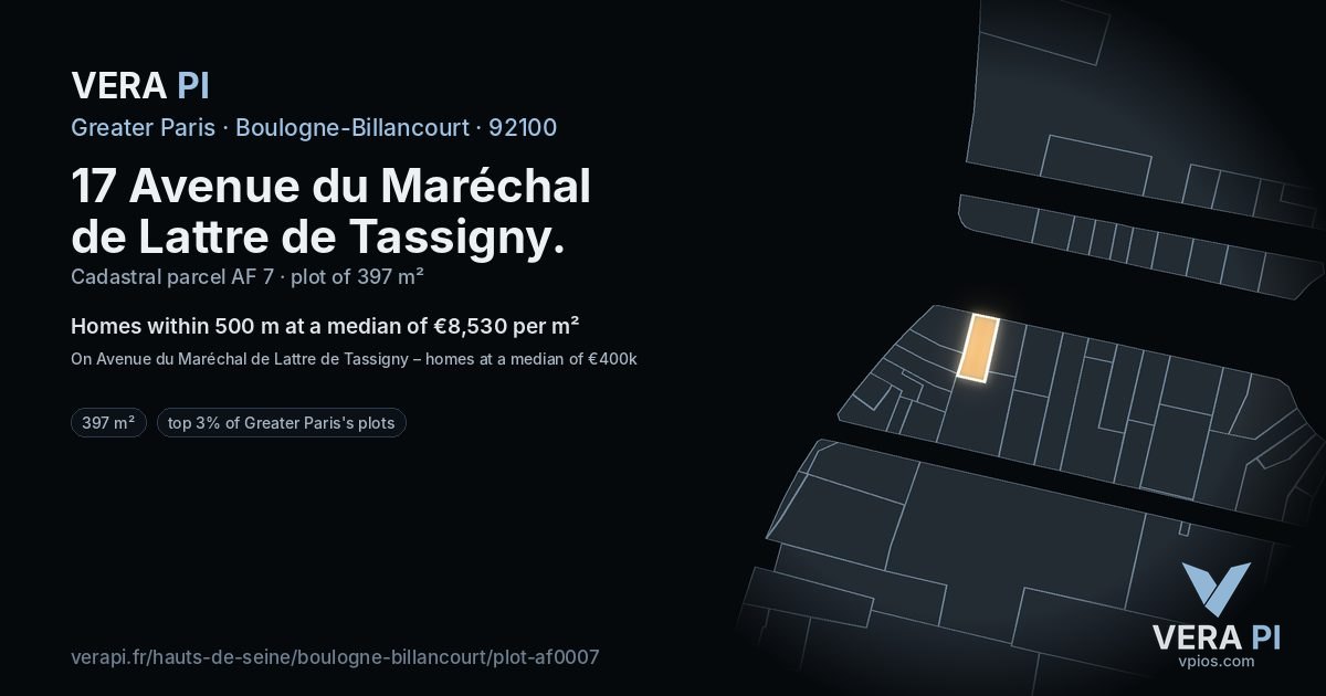 17 Avenue du Maréchal de Lattre de Tassigny, Boulogne-Billancourt at night – the plot lit, the parcels around coloured by the prices near them