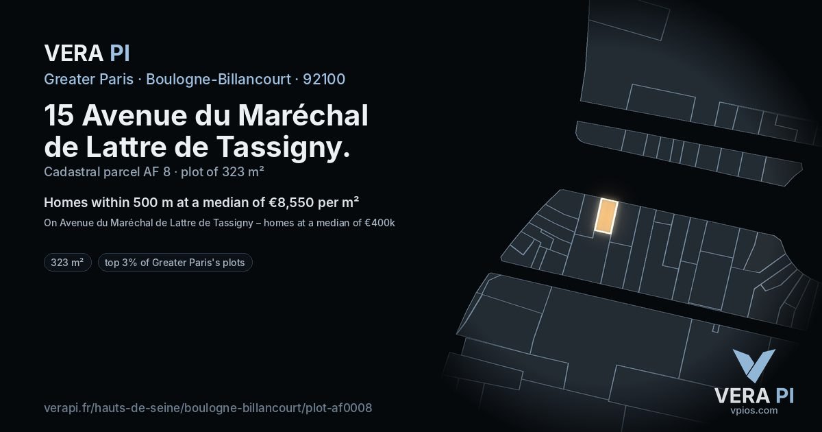 15 Avenue du Maréchal de Lattre de Tassigny, Boulogne-Billancourt at night – the plot lit, the parcels around coloured by the prices near them