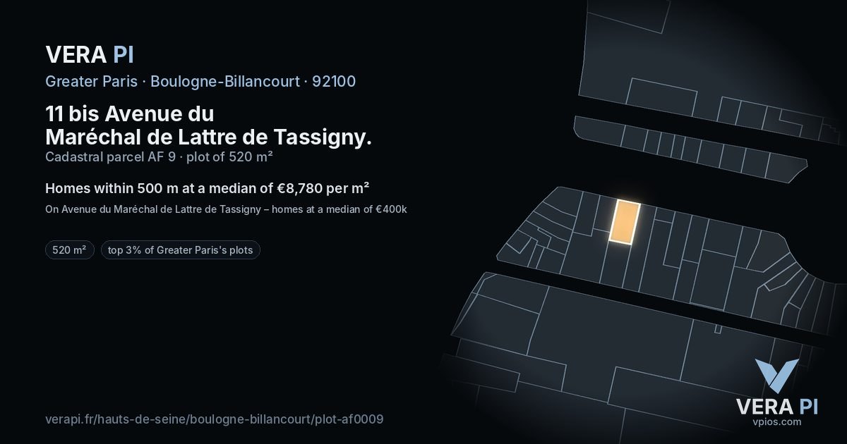 11 bis Avenue du Maréchal de Lattre de Tassigny, Boulogne-Billancourt at night – the plot lit, the parcels around coloured by the prices near them
