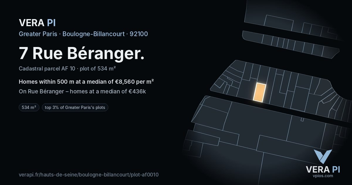 7 Rue Béranger, Boulogne-Billancourt at night – the plot lit, the parcels around coloured by the prices near them