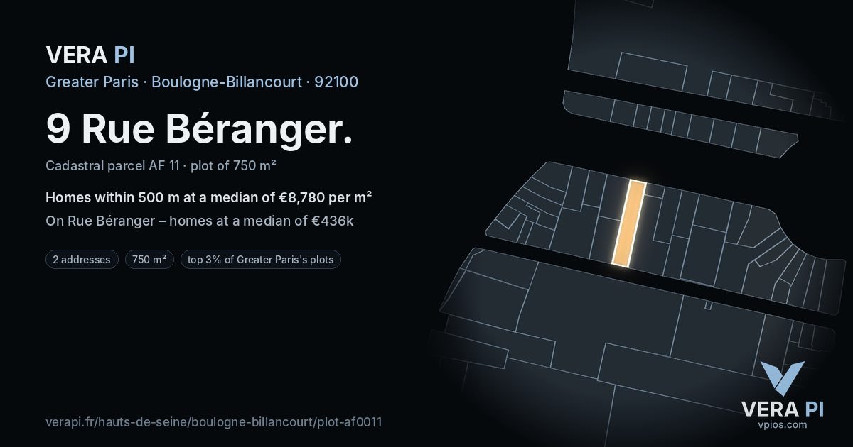 9 Rue Béranger, Boulogne-Billancourt at night – the plot lit, the parcels around coloured by the prices near them