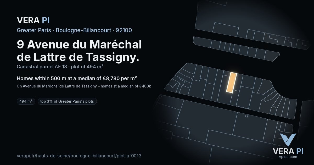 9 Avenue du Maréchal de Lattre de Tassigny, Boulogne-Billancourt at night – the plot lit, the parcels around coloured by the prices near them