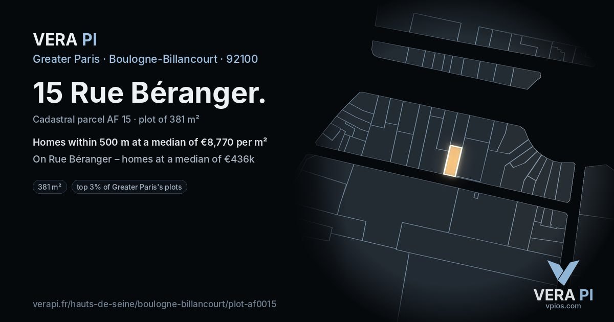 15 Rue Béranger, Boulogne-Billancourt at night – the plot lit, the parcels around coloured by the prices near them