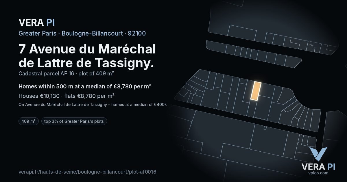 7 Avenue du Maréchal de Lattre de Tassigny, Boulogne-Billancourt at night – the plot lit, the parcels around coloured by the prices near them