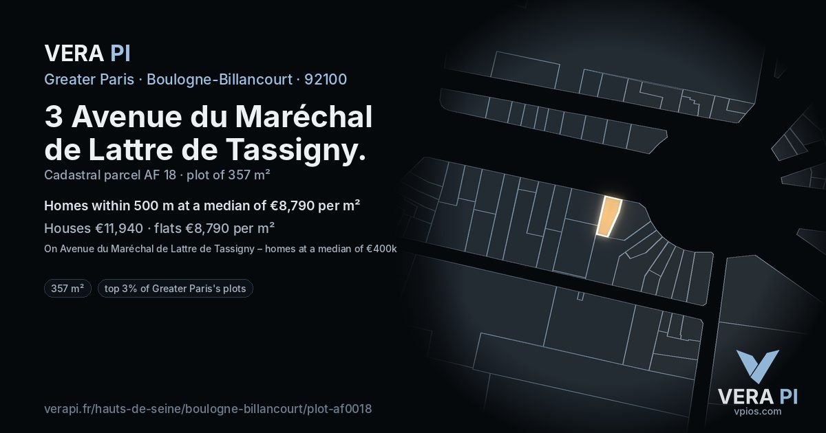 3 Avenue du Maréchal de Lattre de Tassigny, Boulogne-Billancourt at night – the plot lit, the parcels around coloured by the prices near them