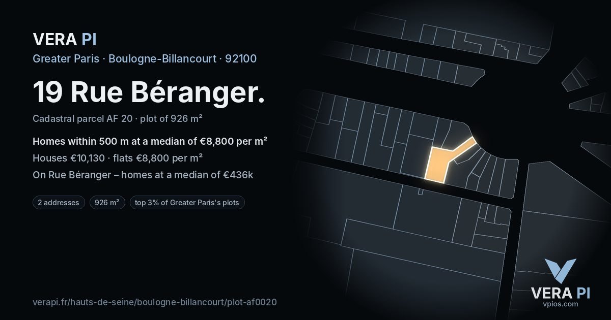 19 Rue Béranger, Boulogne-Billancourt at night – the plot lit, the parcels around coloured by the prices near them