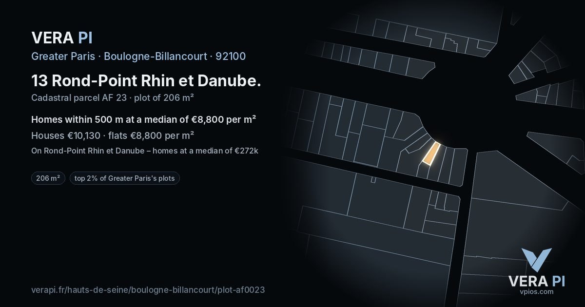 13 Rond-Point Rhin et Danube, Boulogne-Billancourt at night – the plot lit, the parcels around coloured by the prices near them