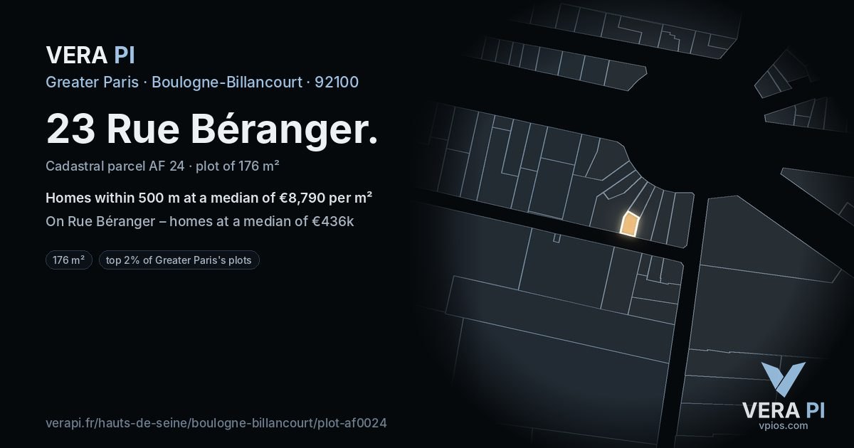 23 Rue Béranger, Boulogne-Billancourt at night – the plot lit, the parcels around coloured by the prices near them