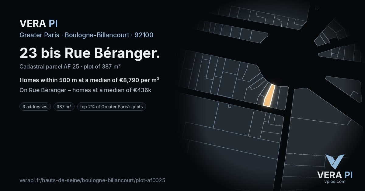 23 bis Rue Béranger, Boulogne-Billancourt at night – the plot lit, the parcels around coloured by the prices near them