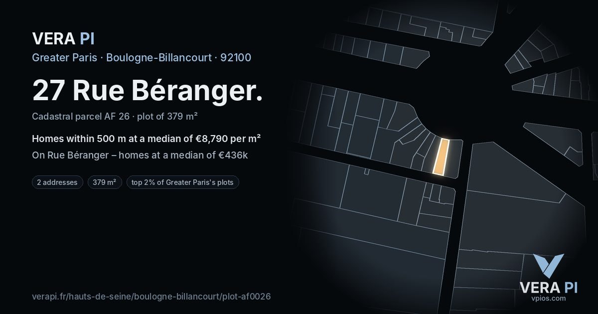 27 Rue Béranger, Boulogne-Billancourt at night – the plot lit, the parcels around coloured by the prices near them