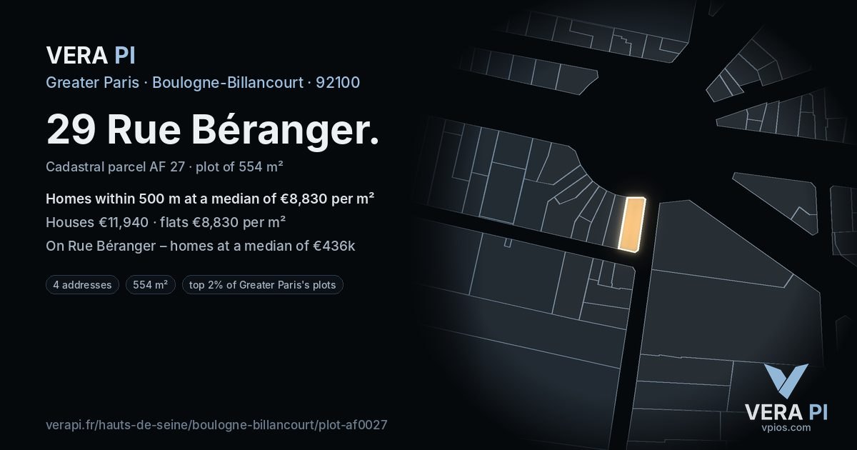 29 Rue Béranger, Boulogne-Billancourt at night – the plot lit, the parcels around coloured by the prices near them