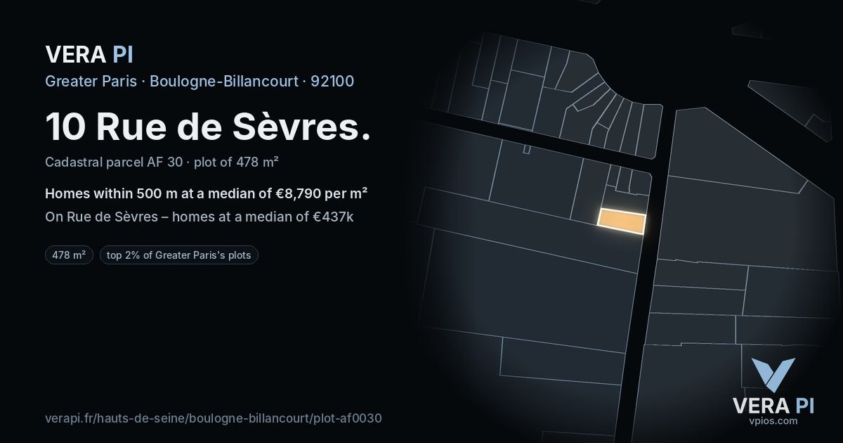 10 Rue de Sèvres, Boulogne-Billancourt at night – the plot lit, the parcels around coloured by the prices near them