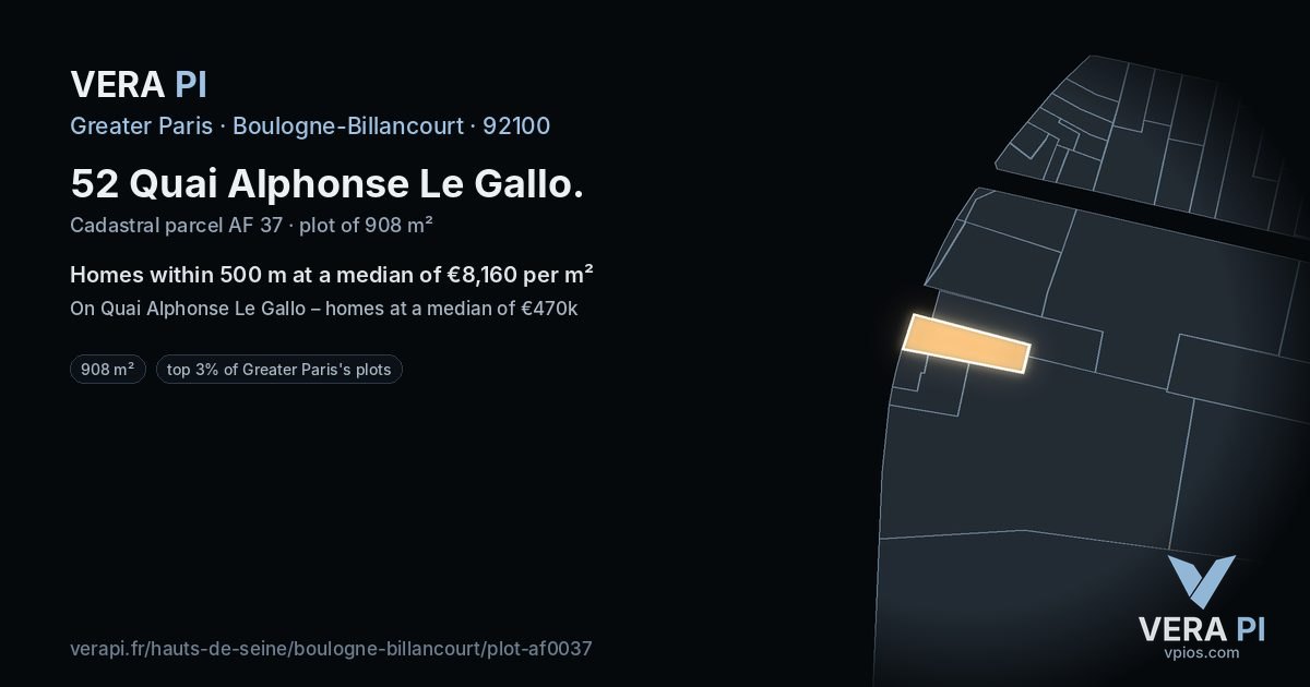 52 Quai Alphonse Le Gallo, Boulogne-Billancourt at night – the plot lit, the parcels around coloured by the prices near them