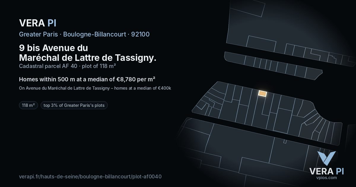 9 bis Avenue du Maréchal de Lattre de Tassigny, Boulogne-Billancourt at night – the plot lit, the parcels around coloured by the prices near them