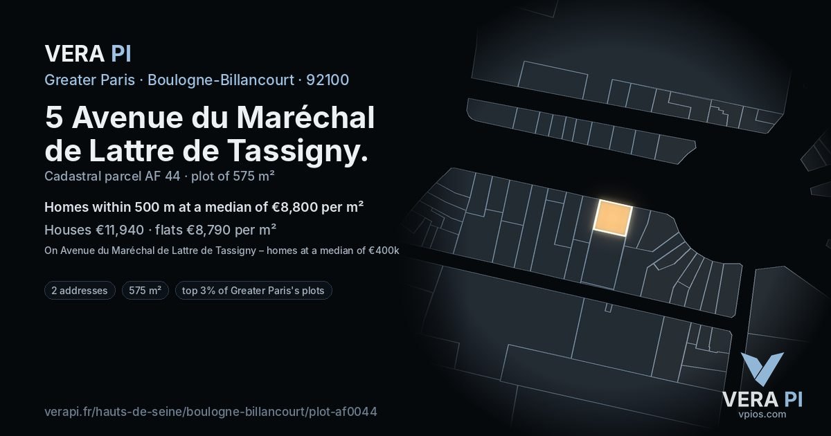 5 Avenue du Maréchal de Lattre de Tassigny, Boulogne-Billancourt at night – the plot lit, the parcels around coloured by the prices near them
