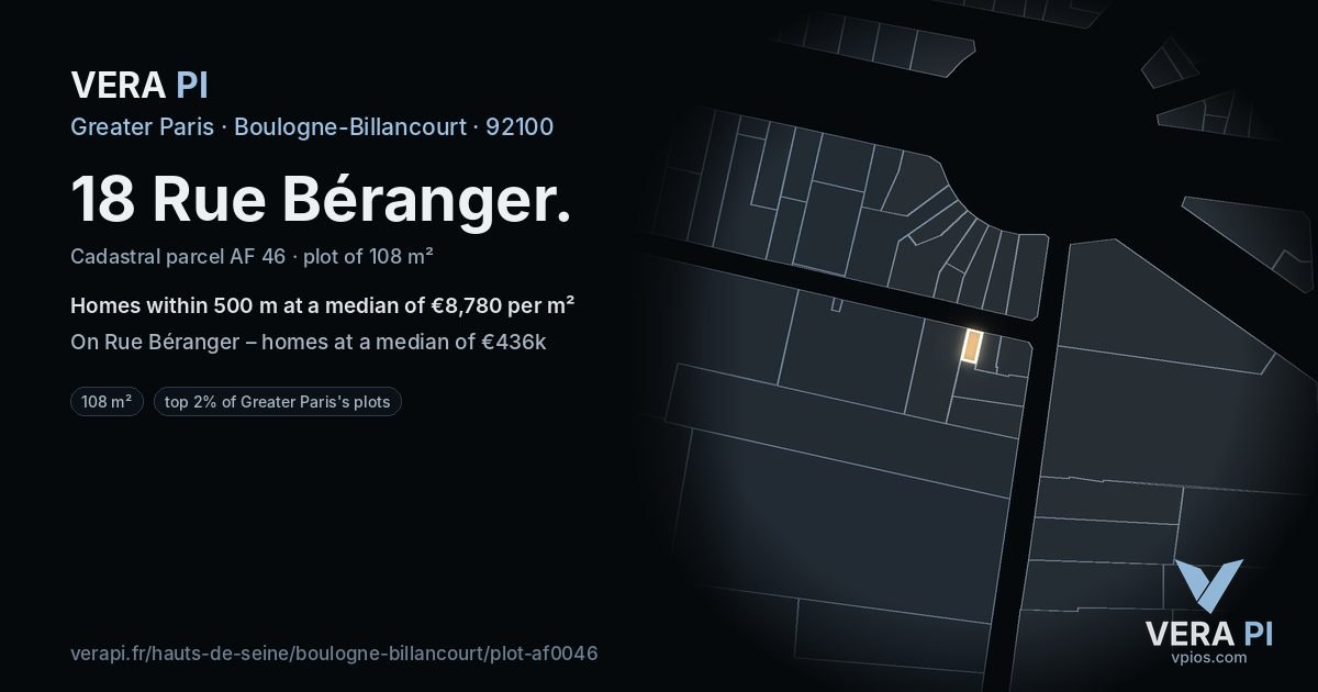 18 Rue Béranger, Boulogne-Billancourt at night – the plot lit, the parcels around coloured by the prices near them