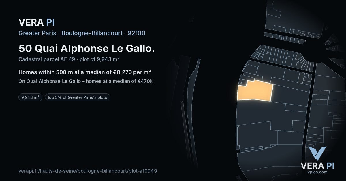 50 Quai Alphonse Le Gallo, Boulogne-Billancourt at night – the plot lit, the parcels around coloured by the prices near them