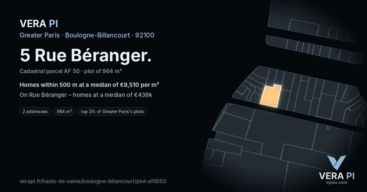 5 Rue Béranger, Boulogne-Billancourt at night – the plot lit, the parcels around coloured by the prices near them
