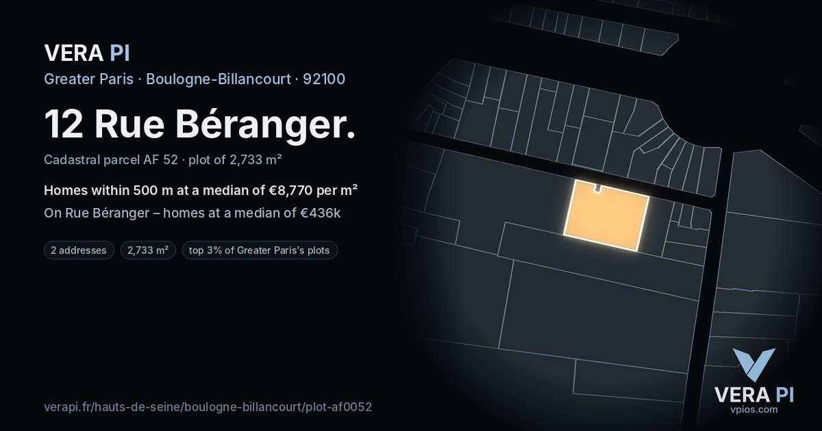 12 Rue Béranger, Boulogne-Billancourt at night – the plot lit, the parcels around coloured by the prices near them