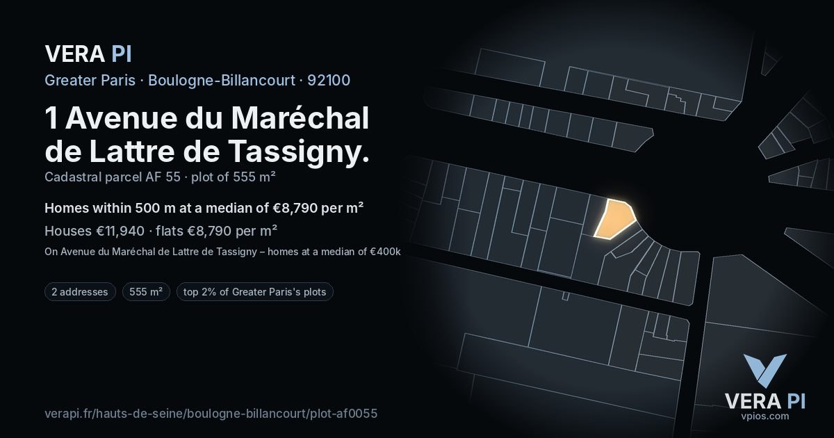 1 Avenue du Maréchal de Lattre de Tassigny, Boulogne-Billancourt at night – the plot lit, the parcels around coloured by the prices near them