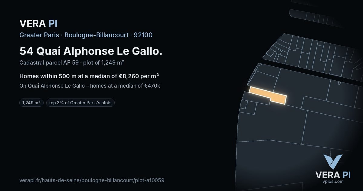 54 Quai Alphonse Le Gallo, Boulogne-Billancourt at night – the plot lit, the parcels around coloured by the prices near them