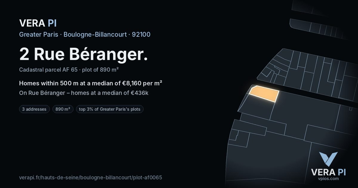 2 Rue Béranger, Boulogne-Billancourt at night – the plot lit, the parcels around coloured by the prices near them