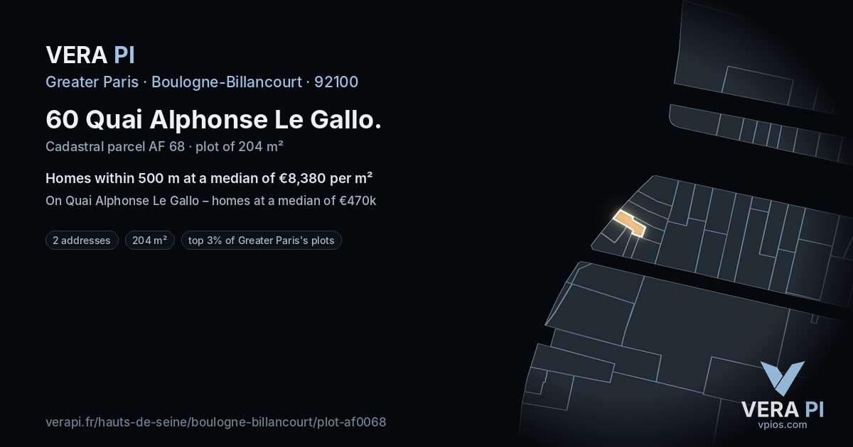 60 Quai Alphonse Le Gallo, Boulogne-Billancourt at night – the plot lit, the parcels around coloured by the prices near them