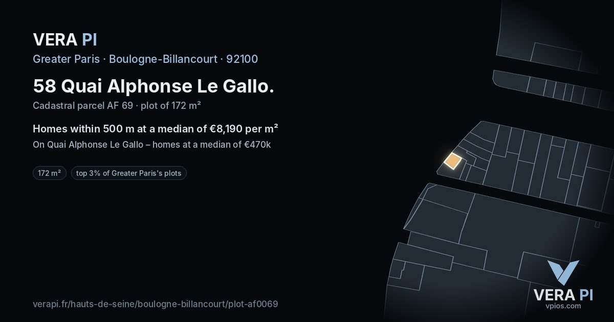 58 Quai Alphonse Le Gallo, Boulogne-Billancourt at night – the plot lit, the parcels around coloured by the prices near them