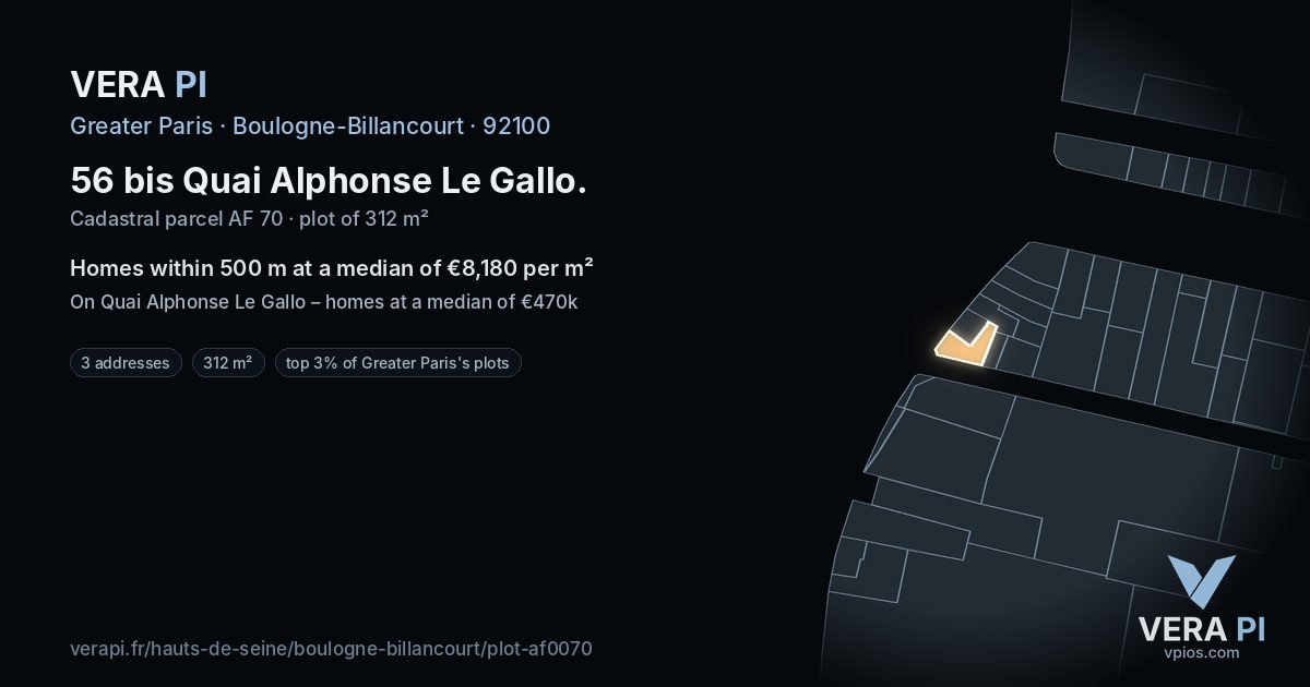 56 bis Quai Alphonse Le Gallo, Boulogne-Billancourt at night – the plot lit, the parcels around coloured by the prices near them