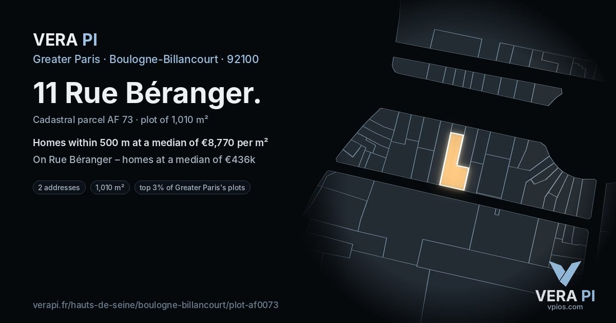 11 Rue Béranger, Boulogne-Billancourt at night – the plot lit, the parcels around coloured by the prices near them