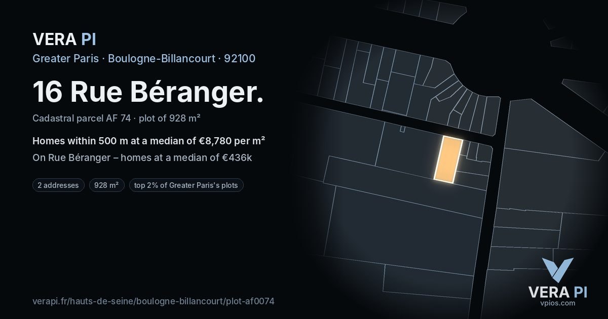 16 Rue Béranger, Boulogne-Billancourt at night – the plot lit, the parcels around coloured by the prices near them
