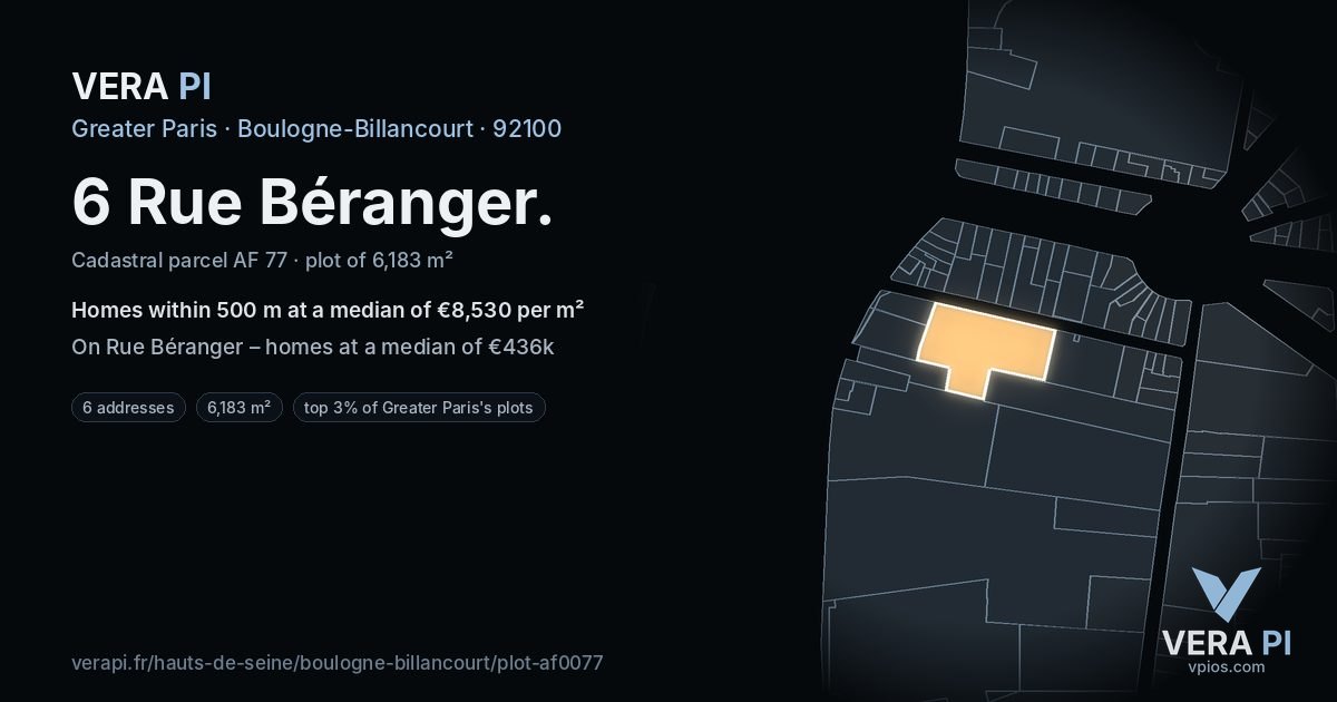 6 Rue Béranger, Boulogne-Billancourt at night – the plot lit, the parcels around coloured by the prices near them