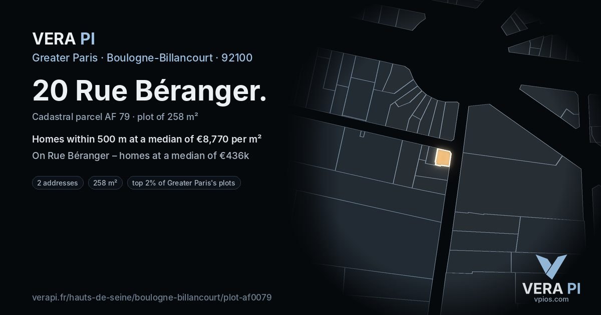 20 Rue Béranger, Boulogne-Billancourt at night – the plot lit, the parcels around coloured by the prices near them
