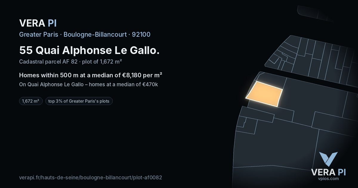 55 Quai Alphonse Le Gallo, Boulogne-Billancourt at night – the plot lit, the parcels around coloured by the prices near them