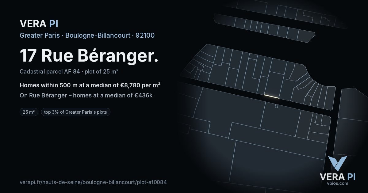 17 Rue Béranger, Boulogne-Billancourt at night – the plot lit, the parcels around coloured by the prices near them