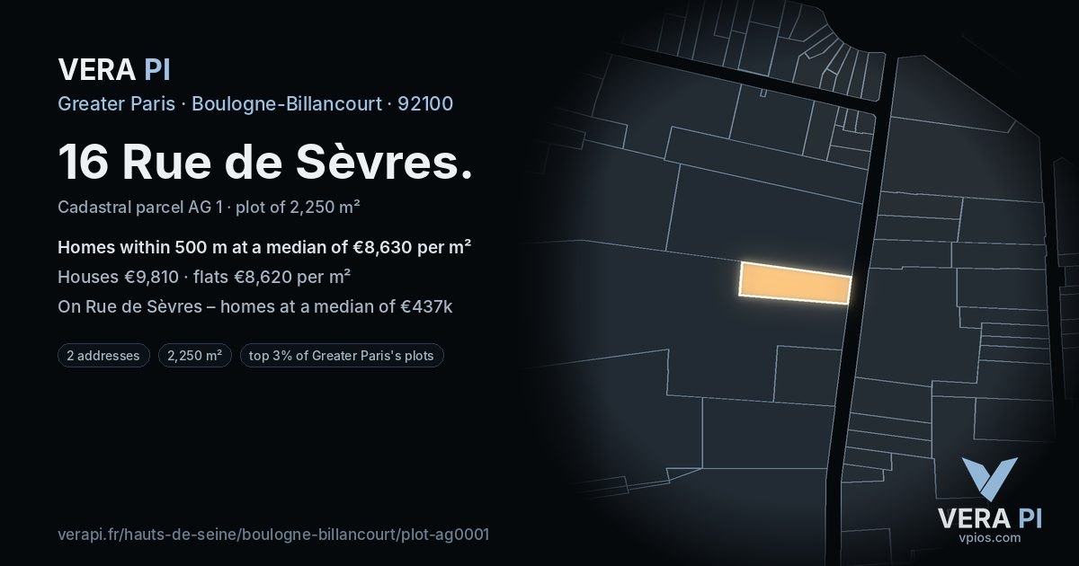 16 Rue de Sèvres, Boulogne-Billancourt at night – the plot lit, the parcels around coloured by the prices near them