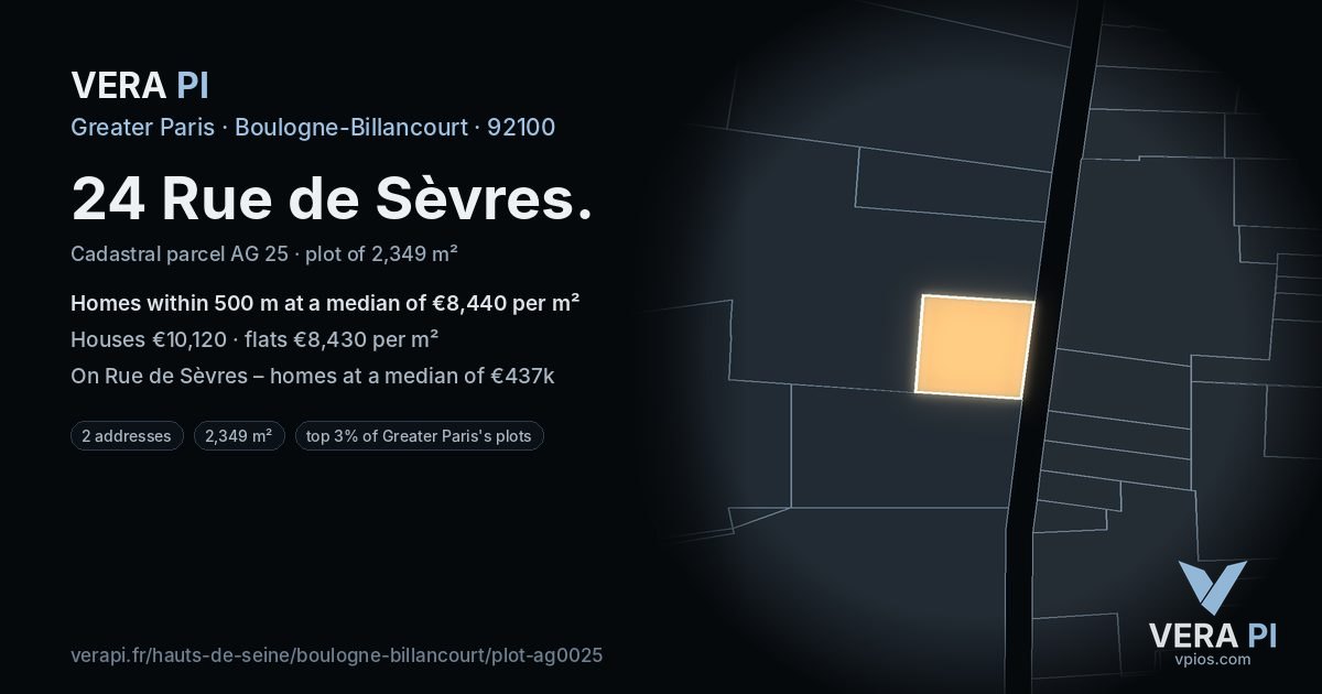 24 Rue de Sèvres, Boulogne-Billancourt at night – the plot lit, the parcels around coloured by the prices near them