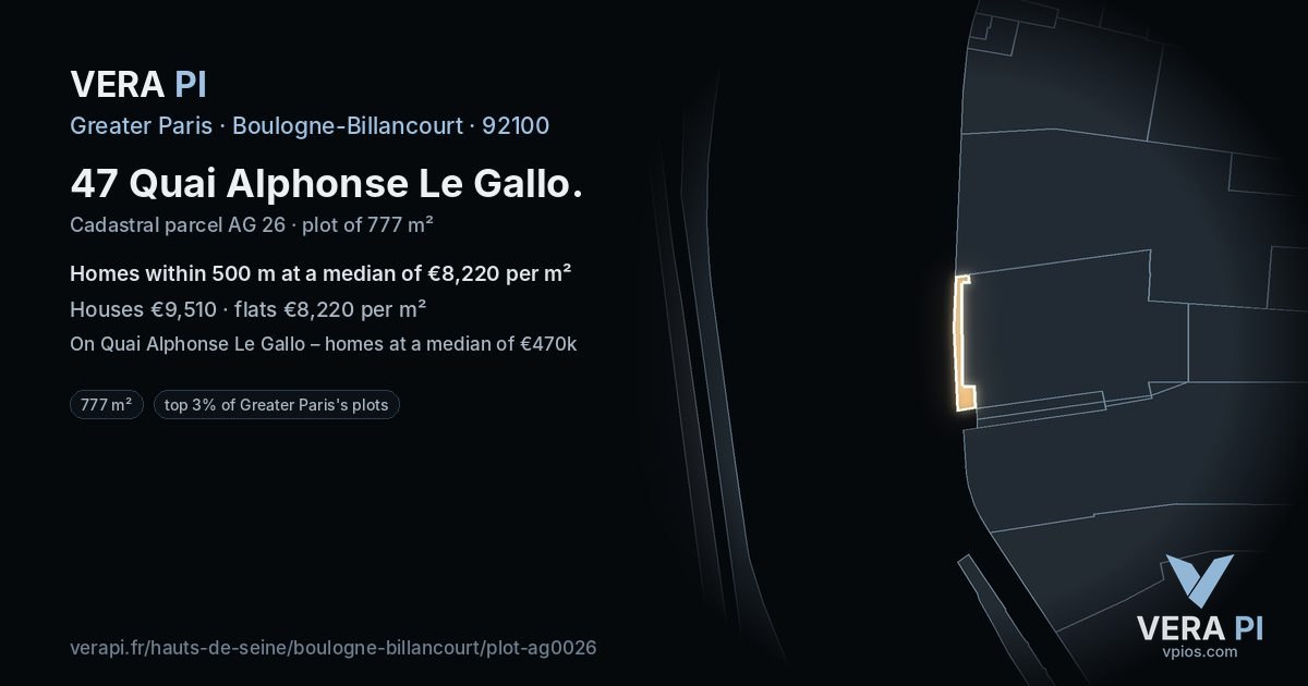 47 Quai Alphonse Le Gallo, Boulogne-Billancourt at night – the plot lit, the parcels around coloured by the prices near them