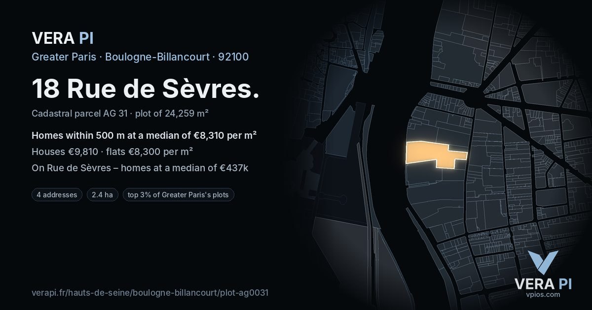 18 Rue de Sèvres, Boulogne-Billancourt at night – the plot lit, the parcels around coloured by the prices near them